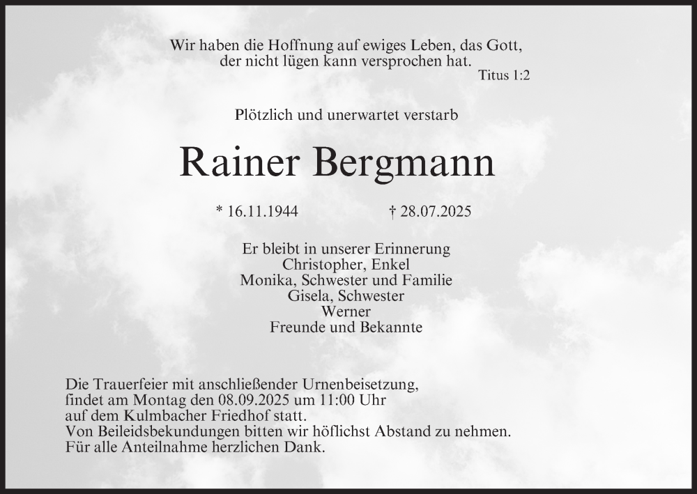  Traueranzeige für Rainer Bergmann vom 06.09.2025 aus MGO