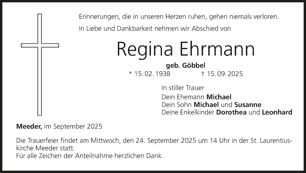  Traueranzeige für Regina Ehrmann vom 20.09.2025 aus MGO