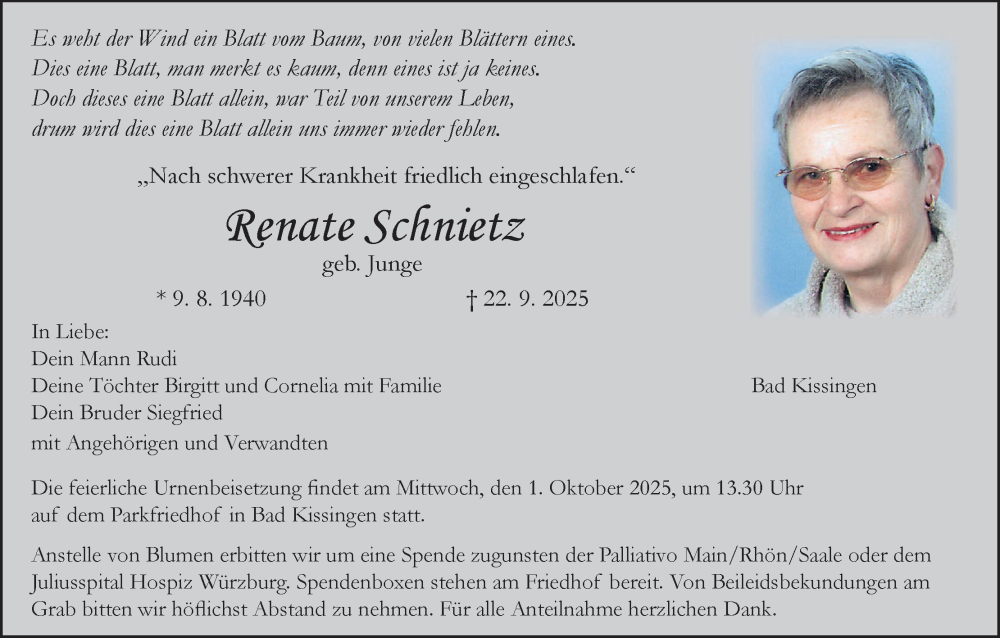  Traueranzeige für Renate Schnietz vom 27.09.2025 aus MGO
