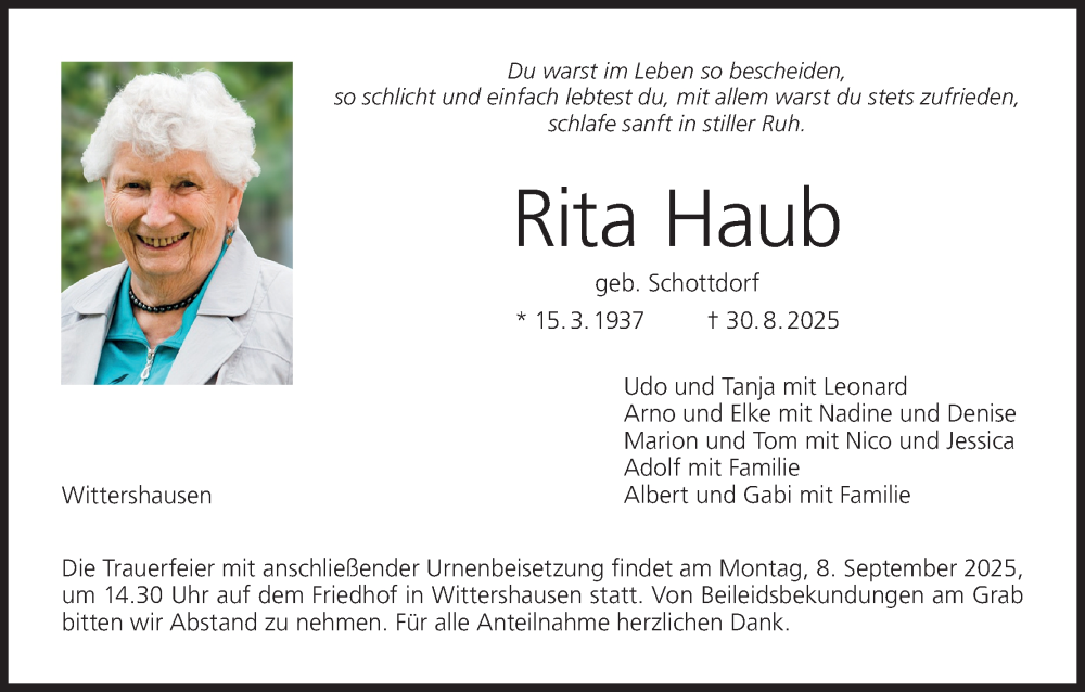  Traueranzeige für Rita Haub vom 06.09.2025 aus MGO