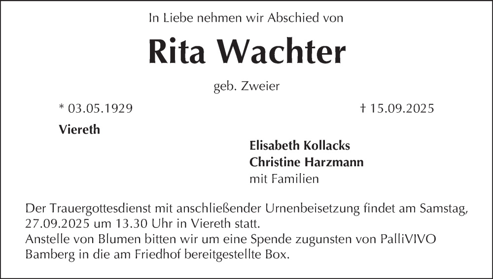  Traueranzeige für Rita Wachter vom 20.09.2025 aus MGO