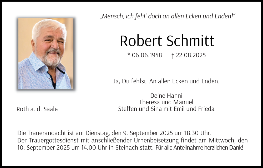  Traueranzeige für Robert Schmitt vom 06.09.2025 aus MGO