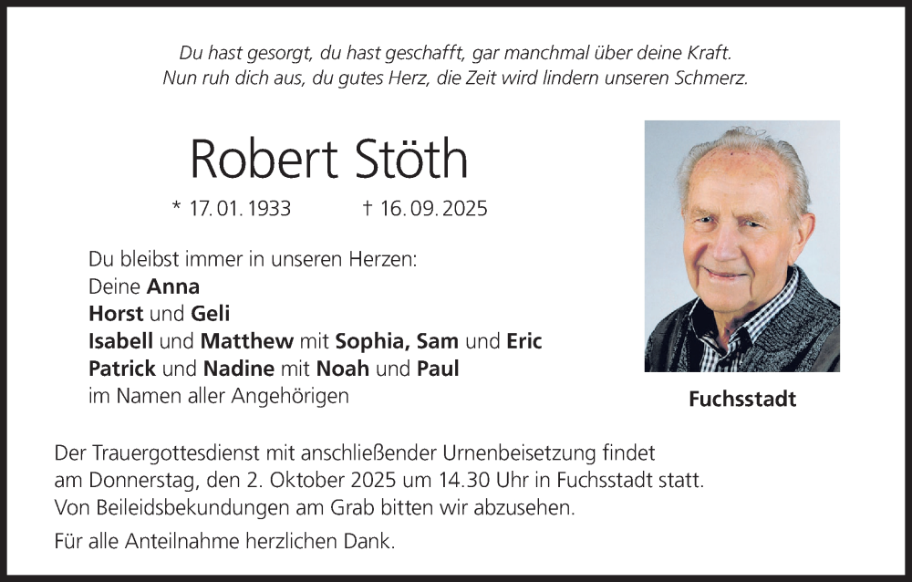  Traueranzeige für Robert Stöth vom 27.09.2025 aus MGO