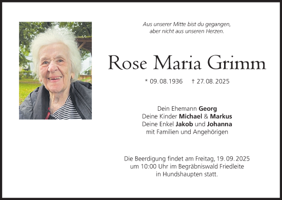 Anzeige von Rose Maria Grimm von MGO