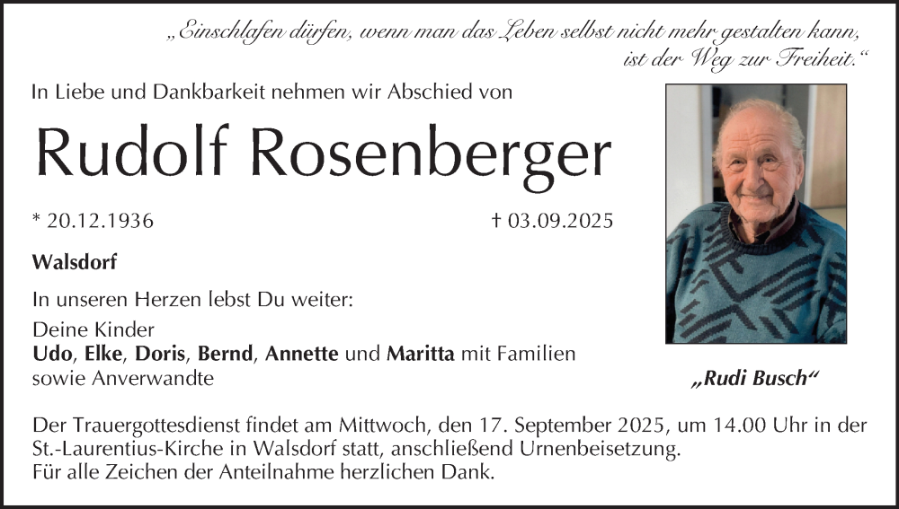  Traueranzeige für Rudolf Rosenberger vom 13.09.2025 aus MGO