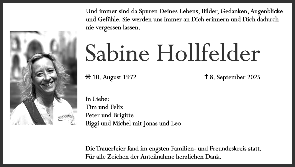  Traueranzeige für Sabine Hollfelder vom 27.09.2025 aus MGO