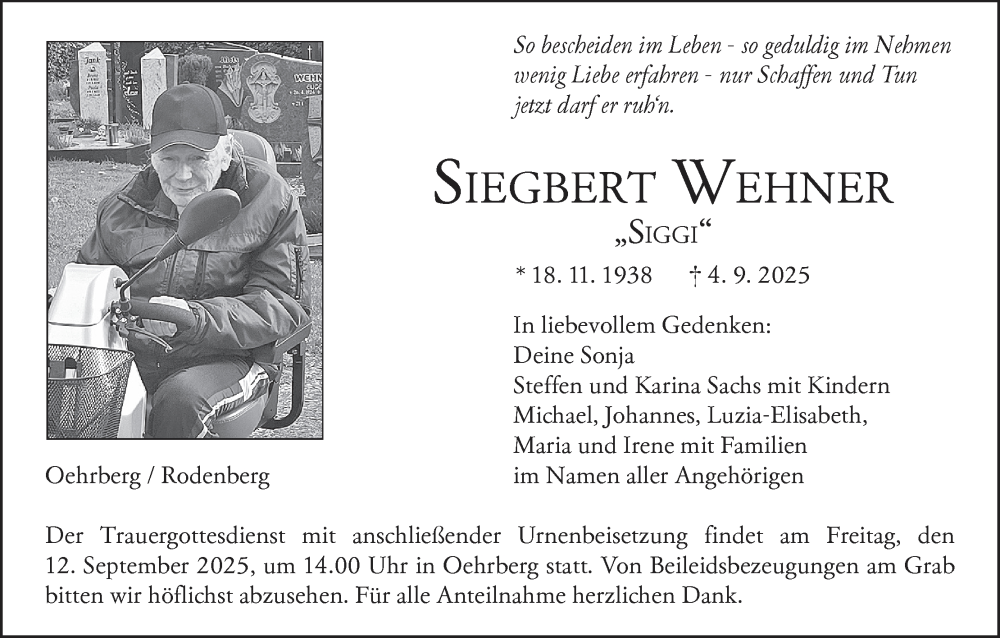  Traueranzeige für Siegbert Wehner vom 09.09.2025 aus MGO