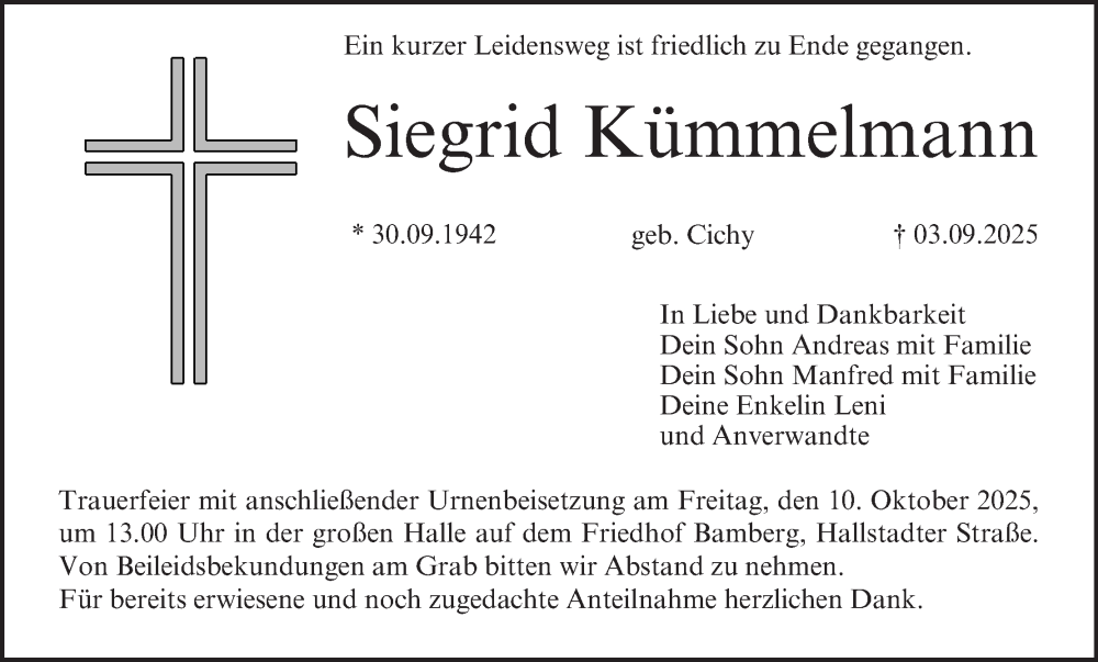  Traueranzeige für Siegrid Kümmelmann vom 20.09.2025 aus MGO