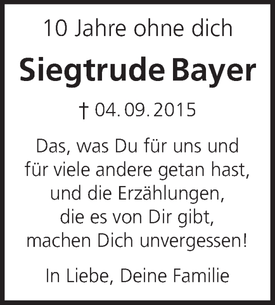 Anzeige von Siegtrude Bayer von MGO