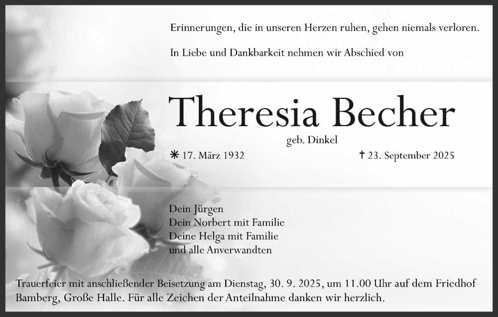  Traueranzeige für Theresia Becher vom 27.09.2025 aus MGO