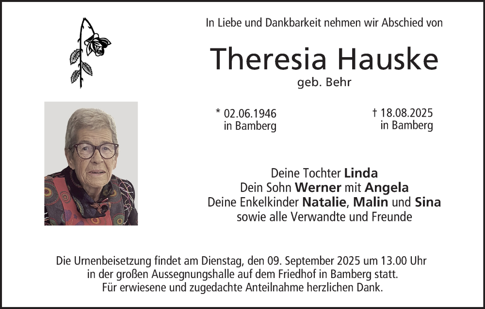  Traueranzeige für Theresia Hauske vom 06.09.2025 aus MGO