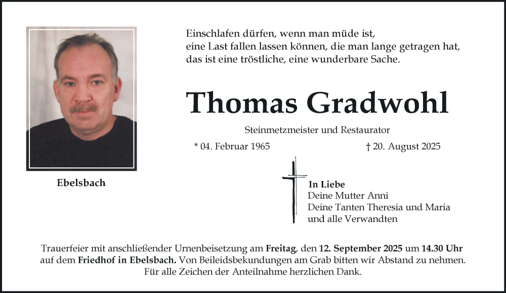  Traueranzeige für Thomas Gradwohl vom 06.09.2025 aus MGO