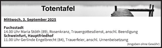 Anzeige von Totentafel vom 03.09.2025 von MGO
