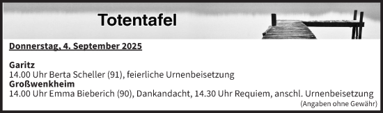 Anzeige von Totentafel vom 04.09.2025 von MGO
