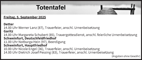 Anzeige von Totentafel vom 05.09.2025 von MGO