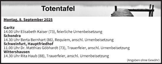 Anzeige von Totentafel vom 08.09.2025 von MGO