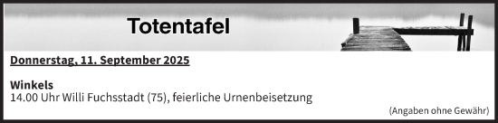 Anzeige von Totentafel vom 11.09.2025 von MGO