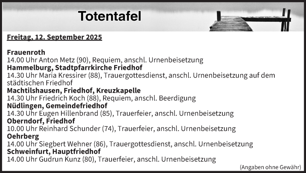  Traueranzeige für Totentafel vom 12.09.2025 vom 12.09.2025 aus MGO