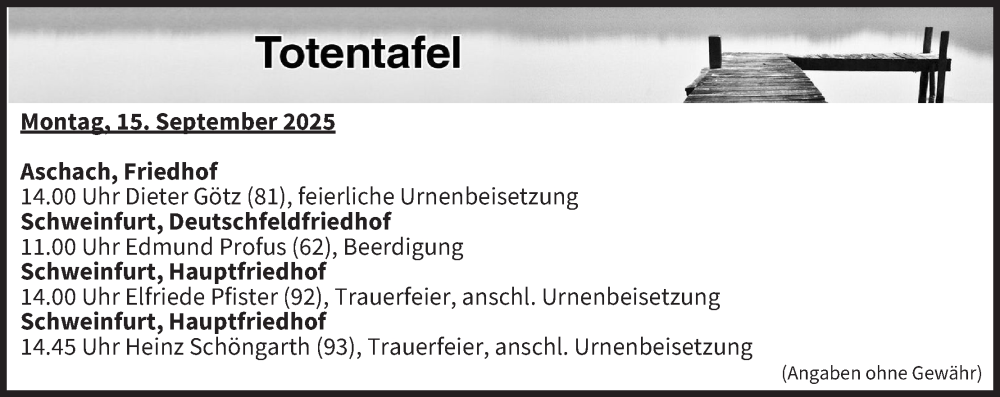  Traueranzeige für Totentafel vom 15.09.2025 vom 15.09.2025 aus MGO