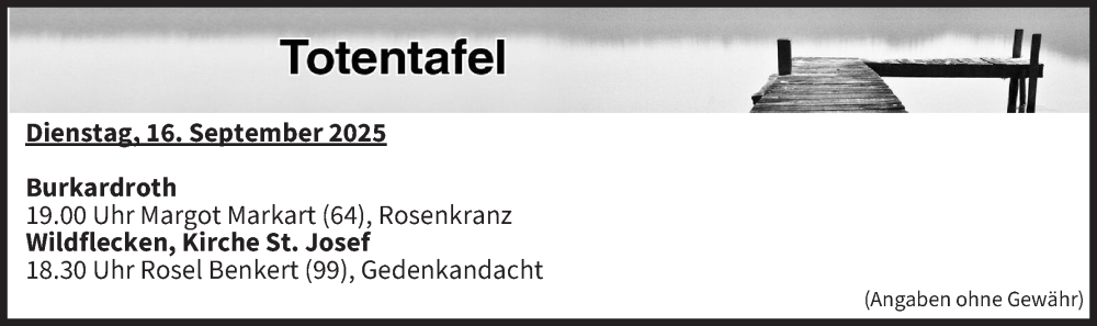  Traueranzeige für Totentafel vom 16.09.2025 vom 16.09.2025 aus MGO