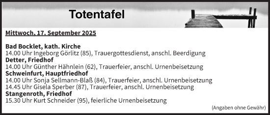 Anzeige von Totentafel vom 17.09.2025 von MGO
