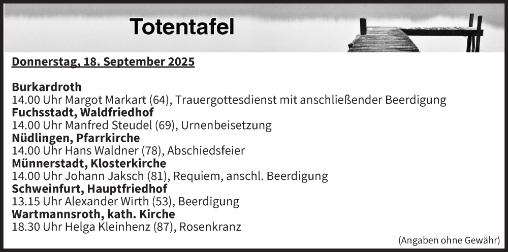  Traueranzeige für Totentafel vom 18.09.2025 vom 18.09.2025 aus MGO