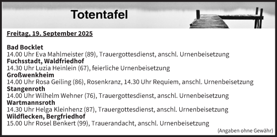 Anzeige von Totentafel vom 19.09.2025 von MGO