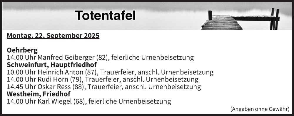  Traueranzeige für Totentafel vom 22.09.2025 vom 22.09.2025 aus MGO