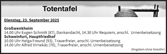 Anzeige von Totentafel vom 23.09.2025 von MGO
