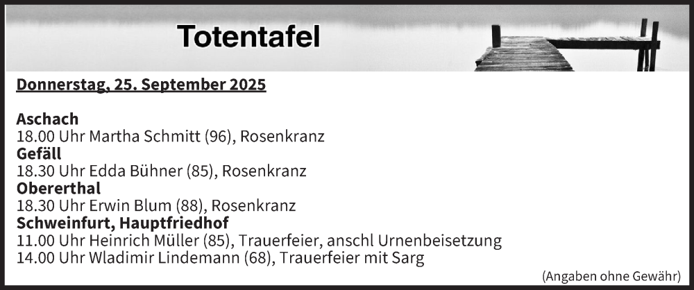  Traueranzeige für Totentafel vom 25.09.2025 vom 25.09.2025 aus MGO