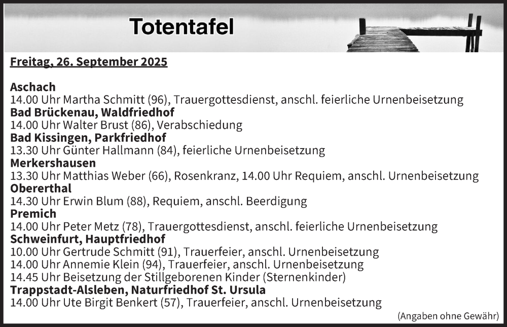  Traueranzeige für Totentafel vom 26.09.2025 vom 26.09.2025 aus MGO