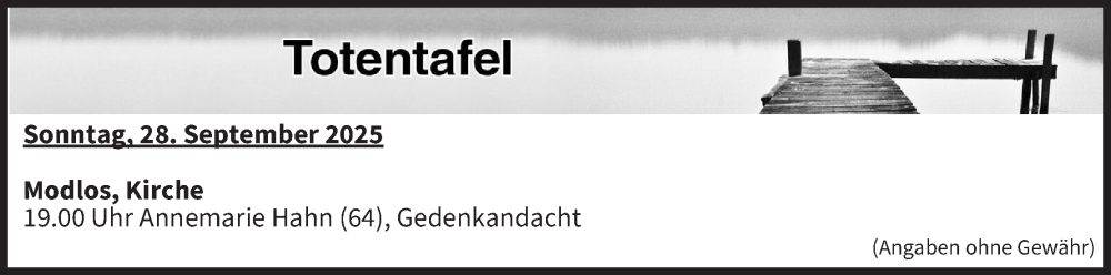  Traueranzeige für Totentafel vom 27.09.2025 vom 27.09.2025 aus MGO