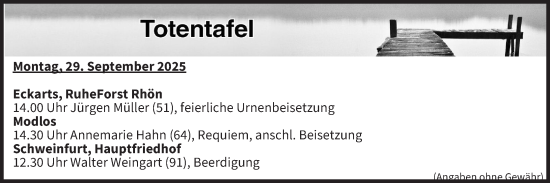 Anzeige von Totentafel vom 29.09.2025 von MGO