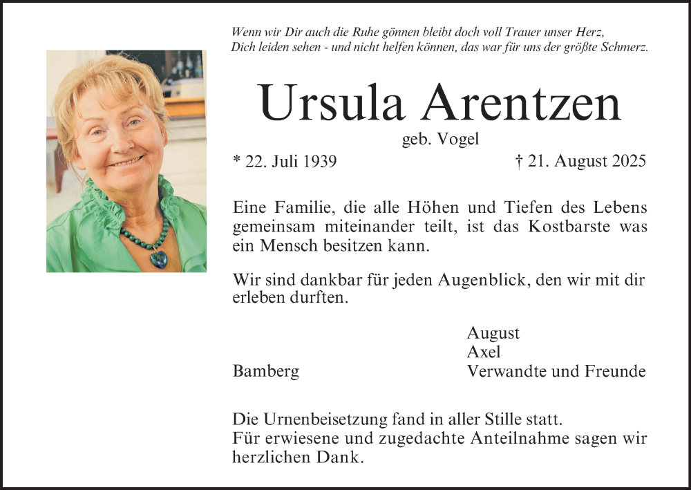  Traueranzeige für Ursula Arentzen vom 06.09.2025 aus MGO