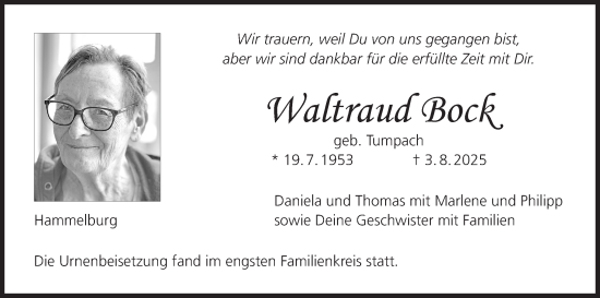 Anzeige von Waltraud Bock von MGO