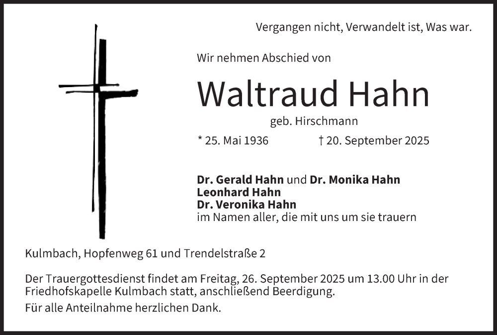  Traueranzeige für Waltraud Hahn vom 24.09.2025 aus MGO