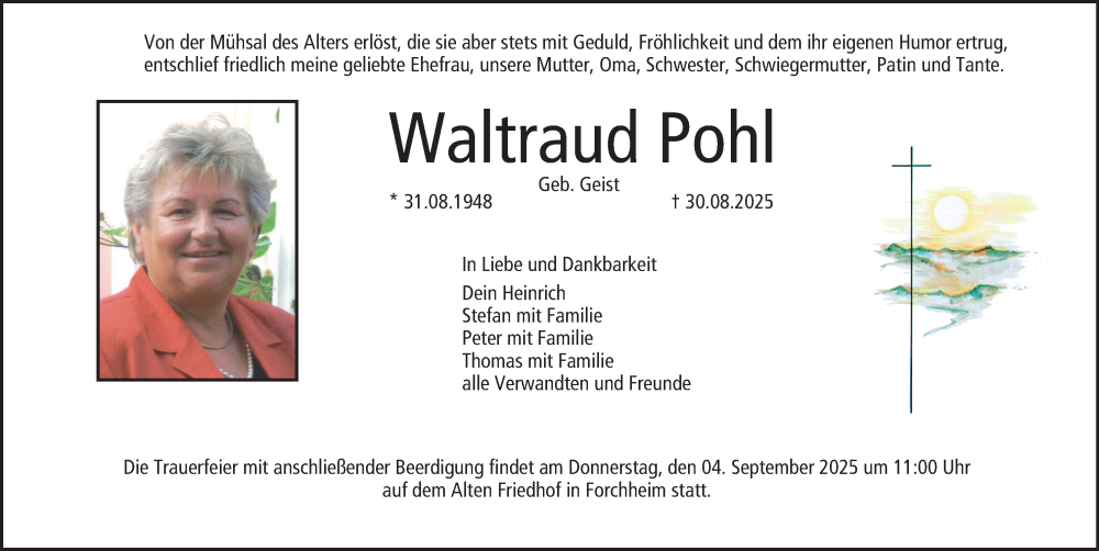 Traueranzeige für Waltraud Pohl vom 03.09.2025 aus MGO