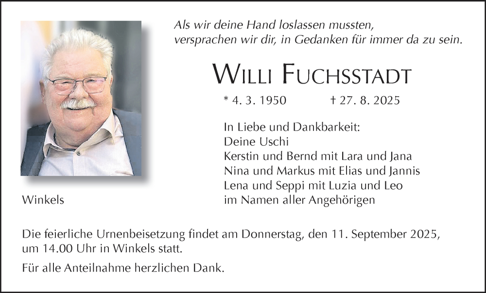  Traueranzeige für Willi Fuchsstadt vom 06.09.2025 aus MGO