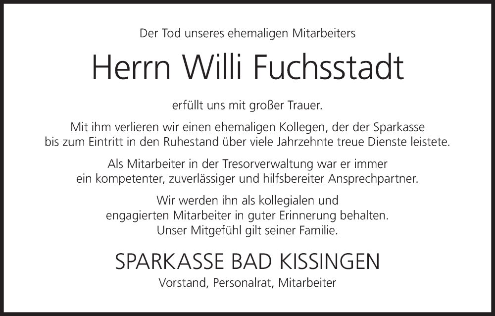  Traueranzeige für Willi Fuchsstadt vom 06.09.2025 aus MGO