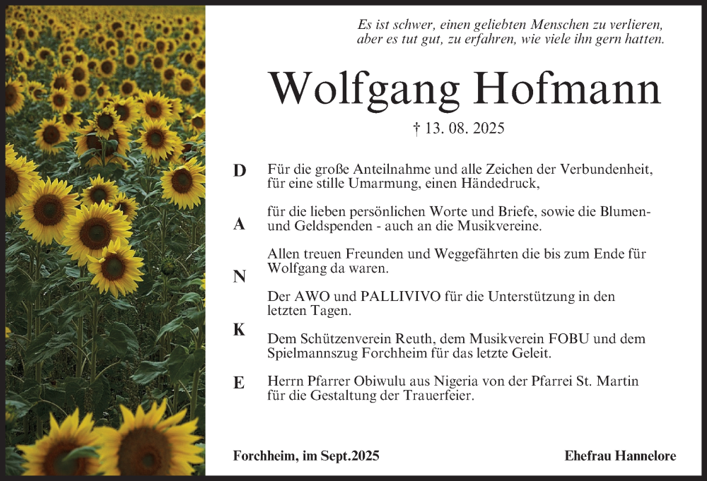  Traueranzeige für Wolfgang Hofmann vom 06.09.2025 aus MGO