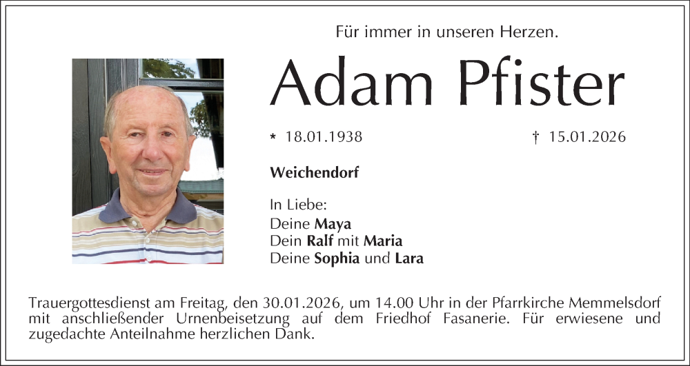  Traueranzeige für Adam Pfister vom 24.01.2026 aus MGO