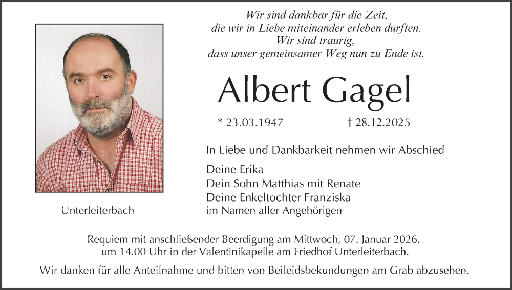  Traueranzeige für Albert Gagel vom 03.01.2026 aus MGO