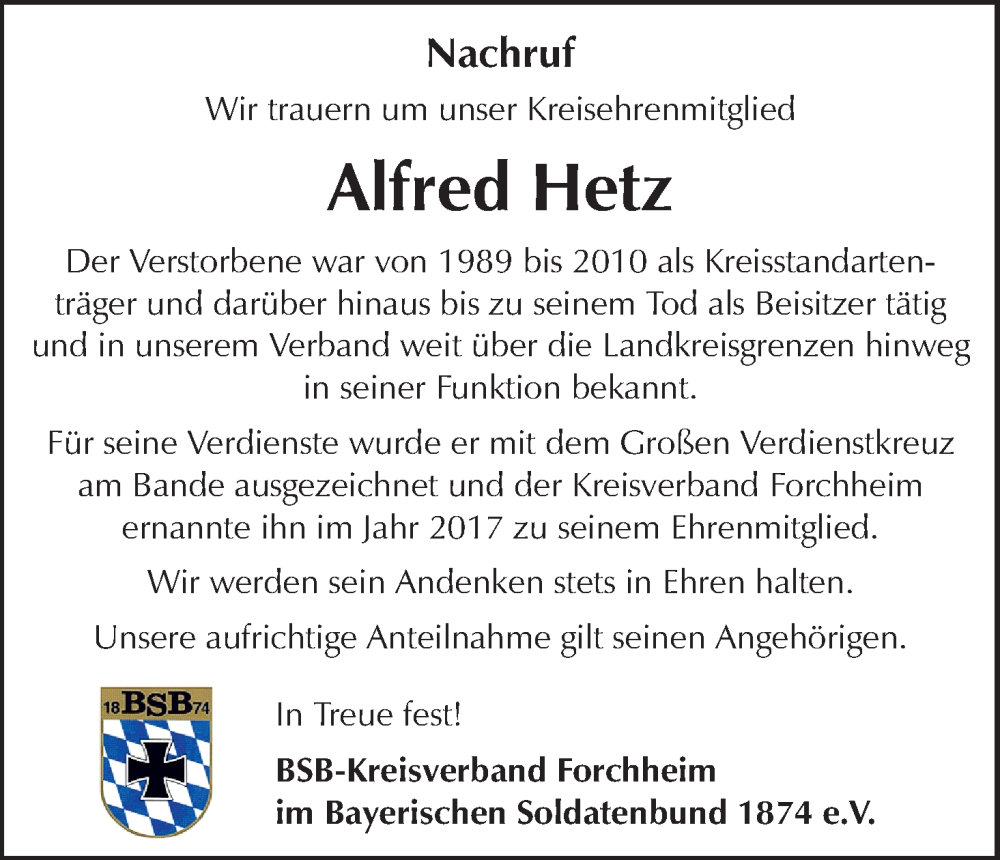  Traueranzeige für Alfred Hetz vom 10.01.2026 aus MGO