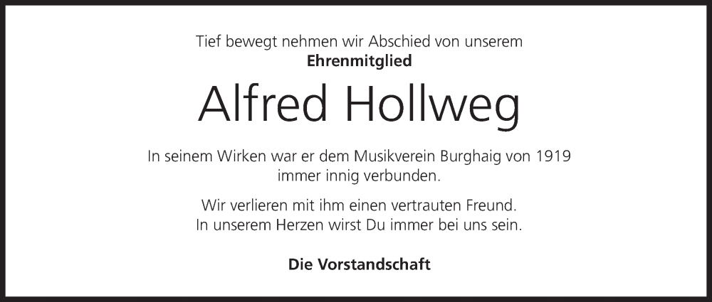  Traueranzeige für Alfred Hollweg vom 27.01.2026 aus MGO