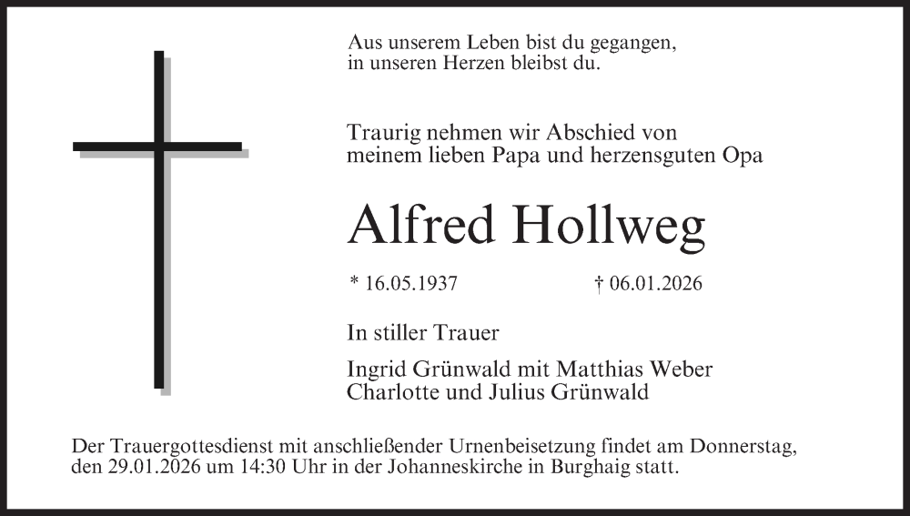  Traueranzeige für Alfred Hollweg vom 24.01.2026 aus MGO