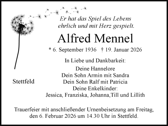 Anzeige von Alfred Mennel von MGO