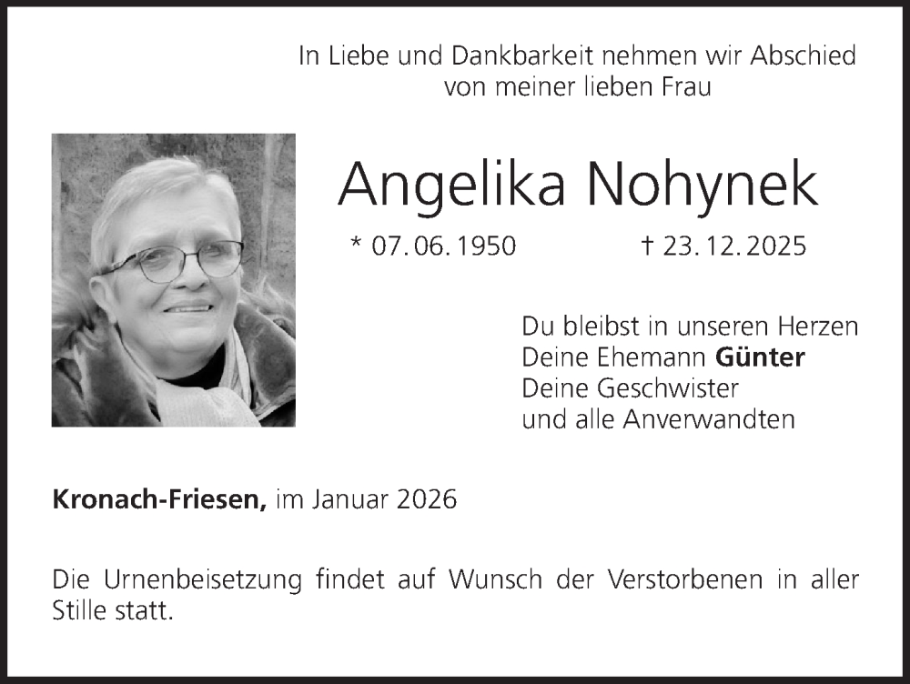  Traueranzeige für Angelika Nohynek vom 03.01.2026 aus MGO