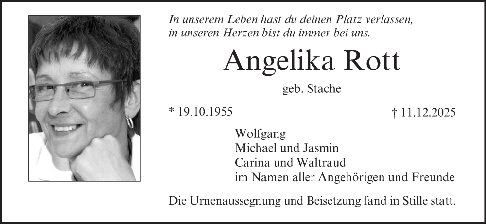 Traueranzeige für Angelika Rott vom 10.01.2026 aus MGO