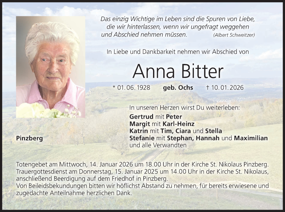  Traueranzeige für Anna Bitter vom 13.01.2026 aus MGO