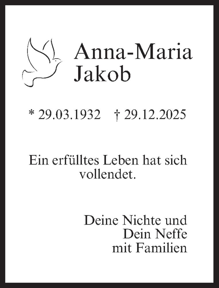  Traueranzeige für Anna-Maria Jakob vom 31.12.2025 aus MGO